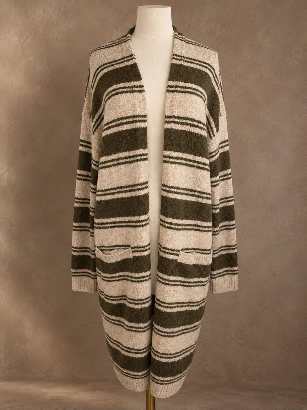 Knox Rose M Striped Longline Cardigan Olive Cream Oversized Open Front